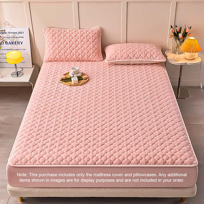 SOGA 2X Pink 183cm Wide Mattress Cover Thick Quilted Fleece Stretchable Clover Design Bed Spread Sheet Protector with Pillow Covers
