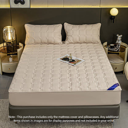 SOGA 2X Beige 153cm Wide Mattress Cover Thick Quilted Stretchable Bed Spread Sheet Protector with Pillow Covers