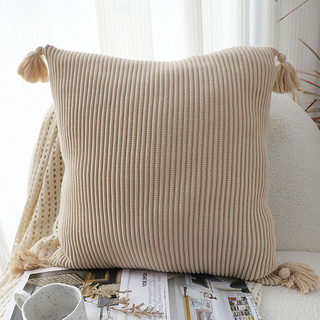 SOGA 2X 45cm Khaki Wabi-Sabi Raised Pillow Cotton Striped Large Tassel Square Throw Pillow