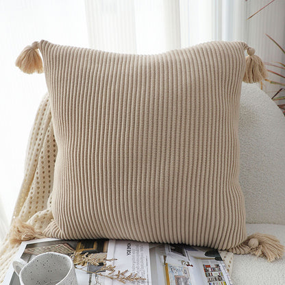SOGA 45cm Khaki Wabi-Sabi Raised Pillow Cotton Striped Large Tassel Square Pillow Throw Pillow