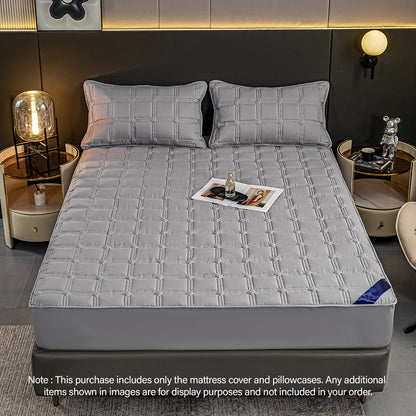 SOGA 2X Grey 153cm Wide Mattress Cover Thick Quilted Stretchable Bed Spread Sheet Protector with Pillow Covers