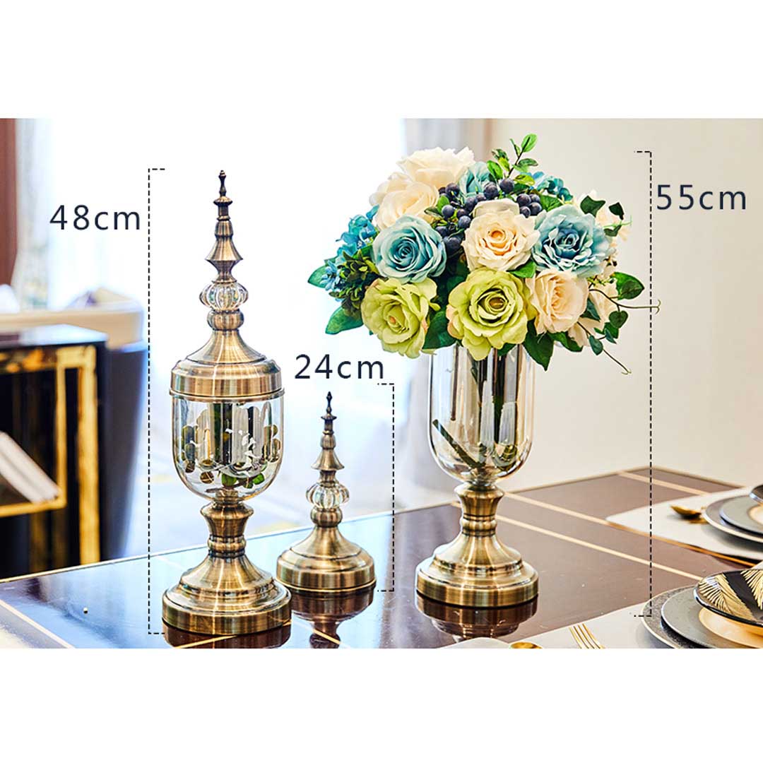 SOGA 2X Clear Glass Flower Vase with Lid and Pink Flower Filler Vase Black Set