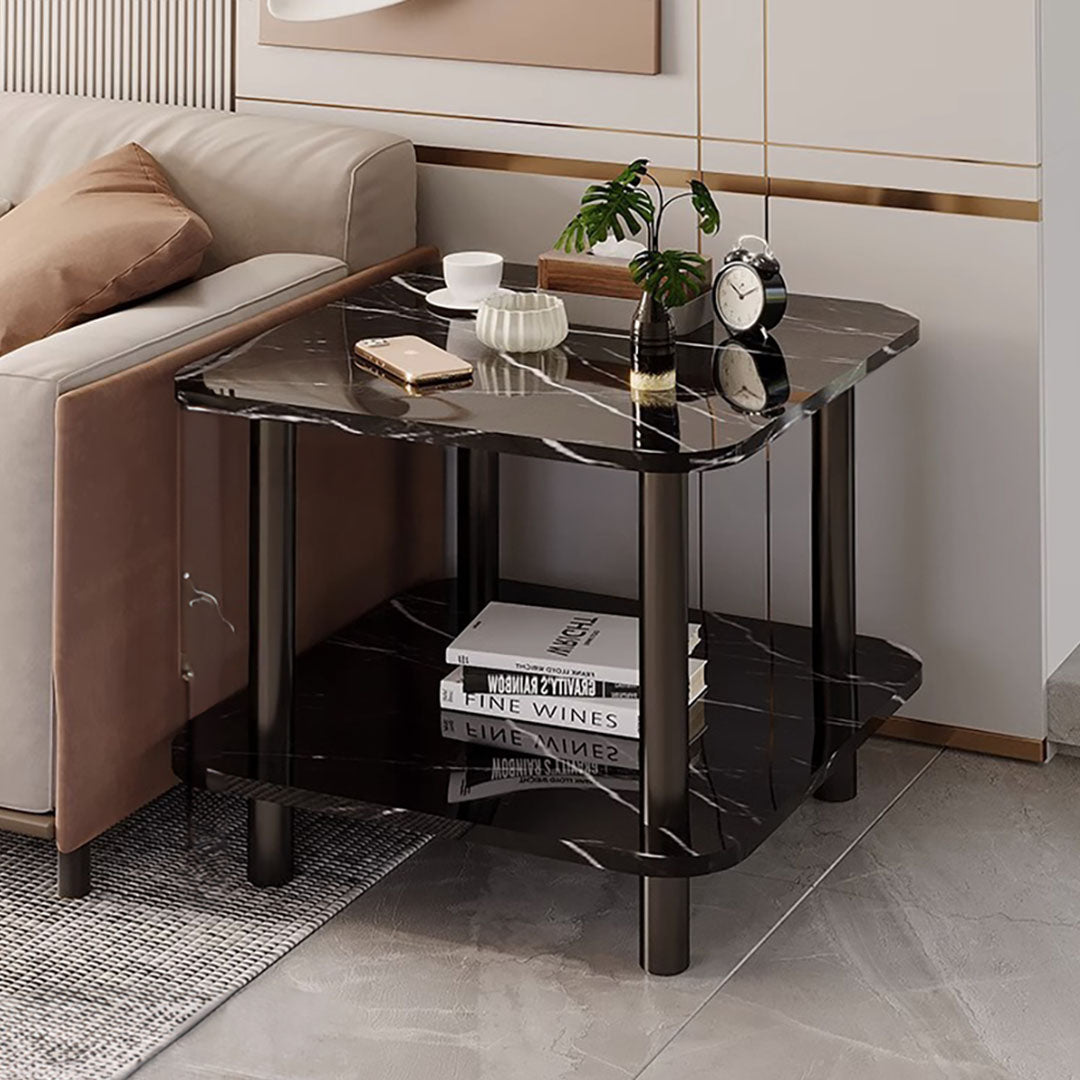 SOGA 2X 70cm Black Ceramic Side Table Stone Pattern Modern Design with Black Metal Legs