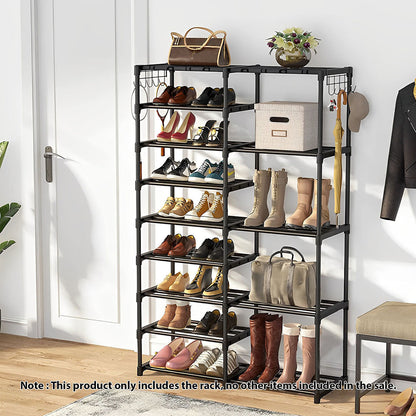 SOGA 2X 16-Shelf Tier Shoe Storage Shelf Space-Saving Caddy Rack Organiser with Side Hooks Black