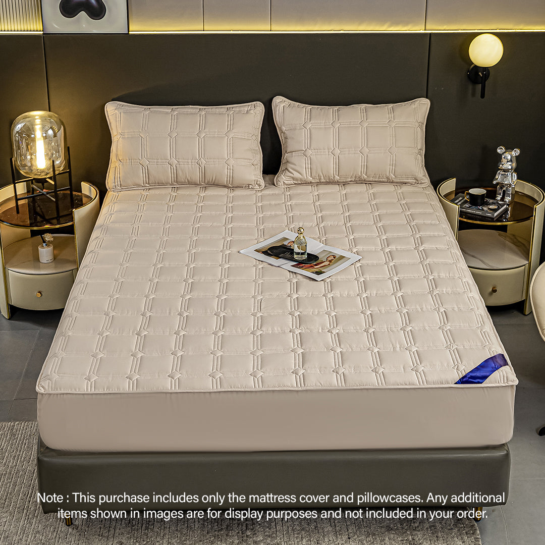 SOGA 2X Beige 153cm Wide Mattress Cover Thick Quilted Stretchable Bed Spread Sheet Protector with Pillow Covers
