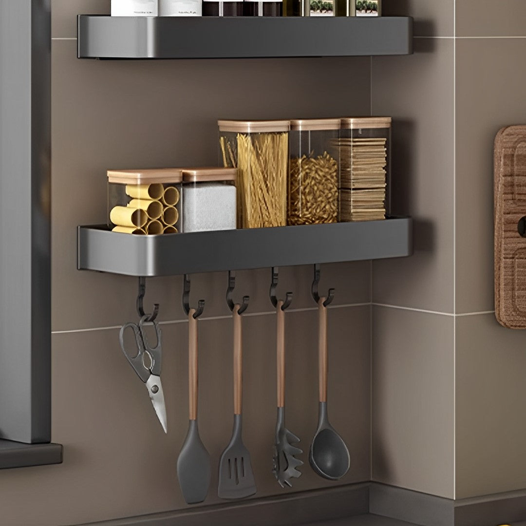 SOGA 32cm Black Wall-Mounted Rectangular Kitchen Spice Storage Organiser Space Saving Condiments Shelf Rack with Hooks