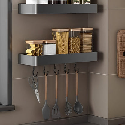 SOGA 32cm Black Wall-Mounted Rectangular Kitchen Spice Storage Organiser Space Saving Condiments Shelf Rack with Hooks