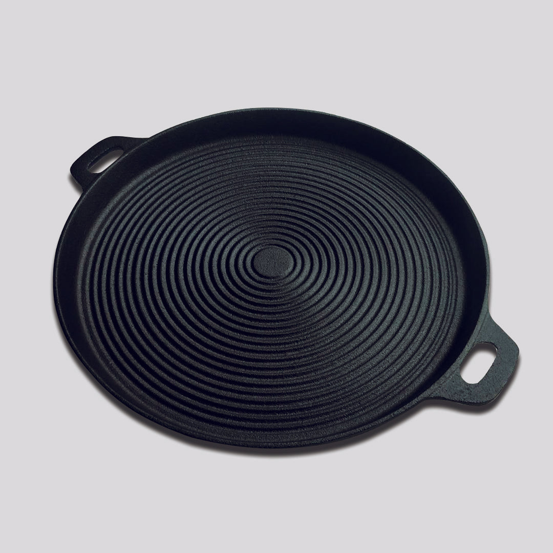 SOGA 2X 35cm Round Ribbed Cast Iron Frying Pan Skillet Steak Sizzle Platter with Handle