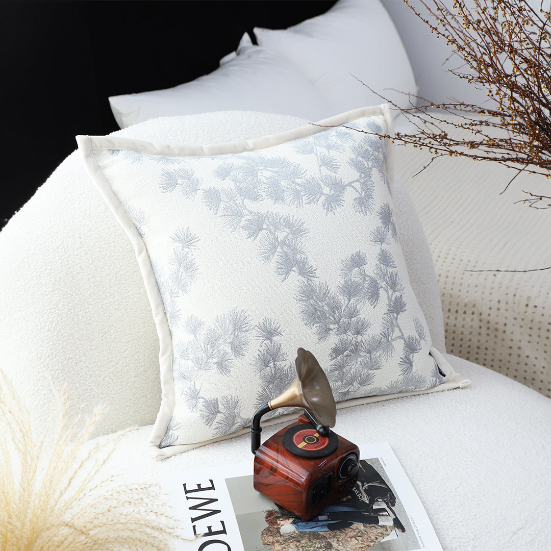 SOGA 2X 45cm Throw Pillow Cream White Wide Border with Branch and Pine Needle Design Pattern Home Decor