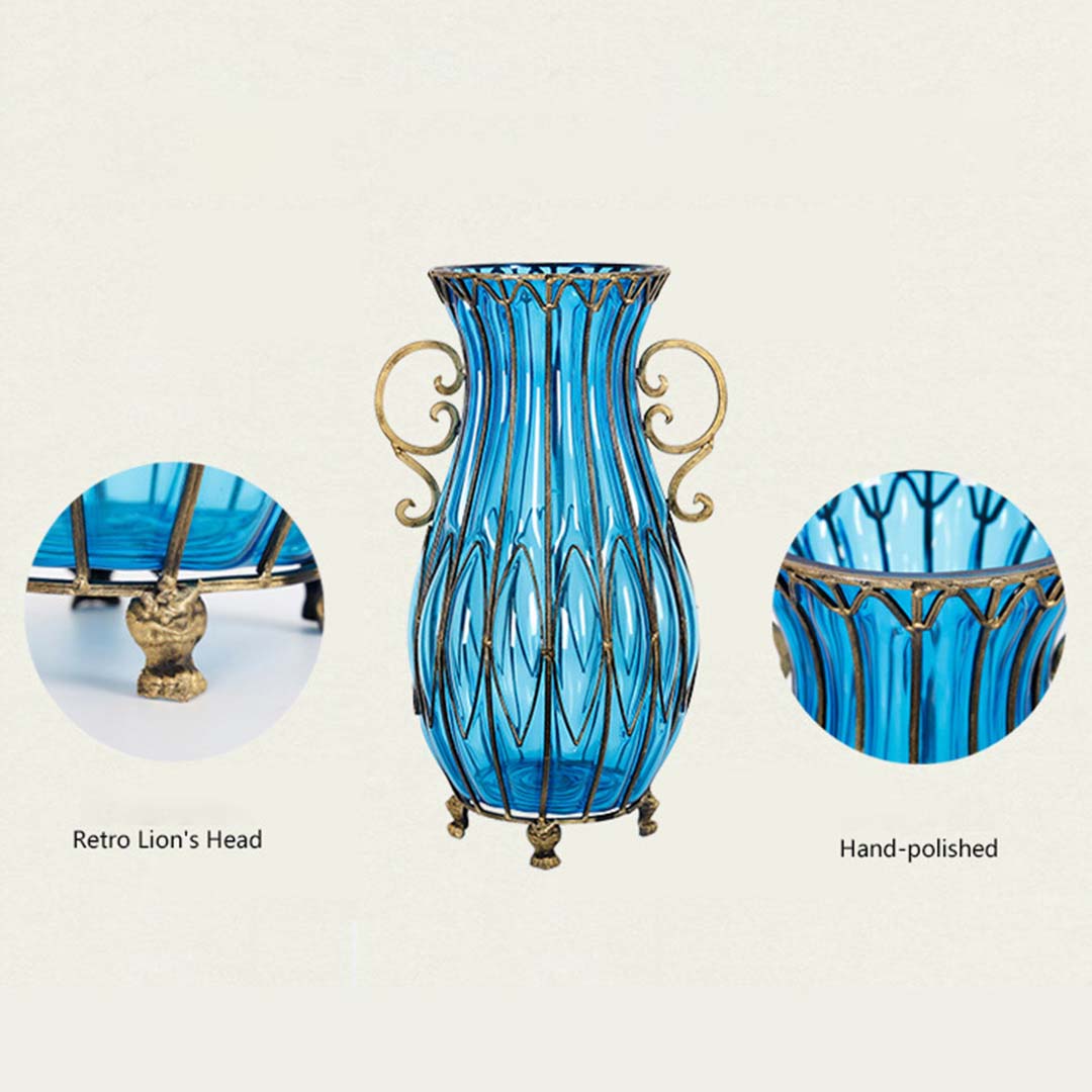 SOGA 51cm Blue Glass Oval Floor Vase with Metal Flower Stand