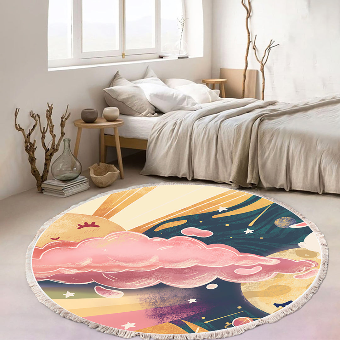 SOGA 2X 120cm Round Tassels Carpet Sky Landscape Clouds Boho Circle Area Rugs Home Decor