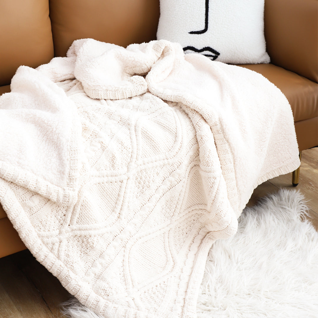 SOGA 2X 200x230cm Throw Blanket White Chenille Fleece Knitted Fabric on One Side Soft Suede