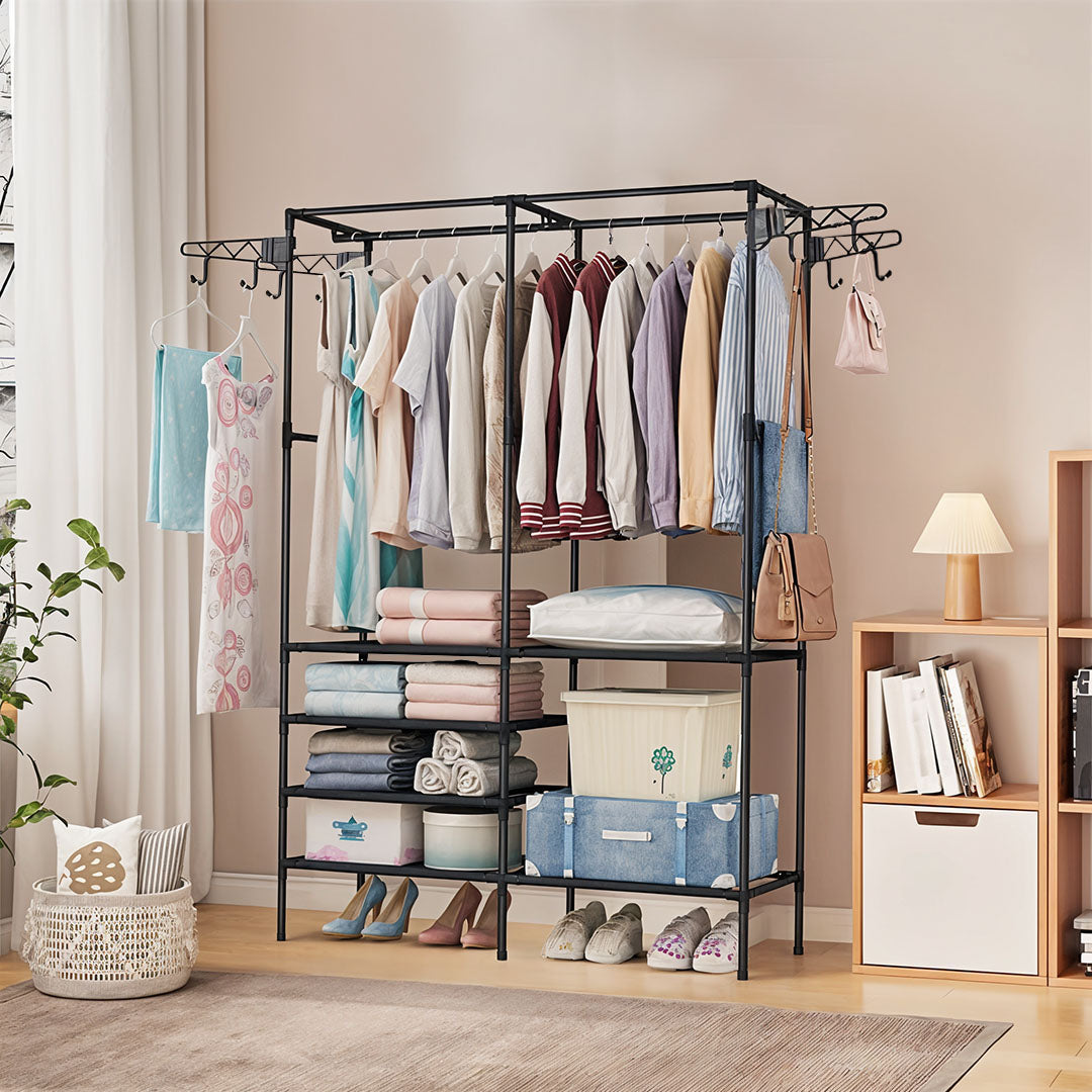SOGA 2X 90x35cm Hanging Clothes Rack Storage w/ 4 Layer Organizer and Side Hooks