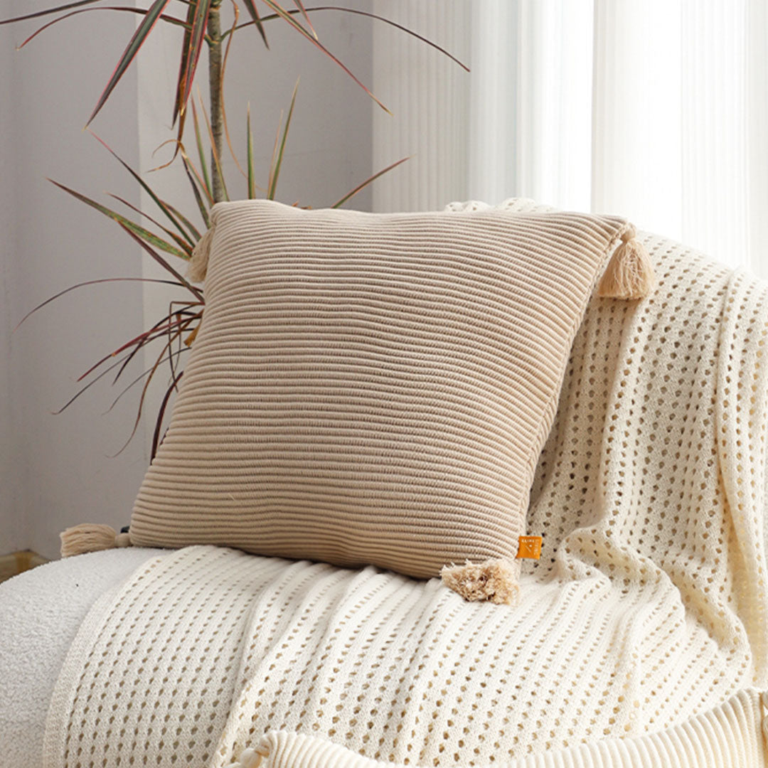 SOGA 2X 45cm Khaki Wabi-Sabi Raised Pillow Cotton Striped Large Tassel Square Throw Pillow