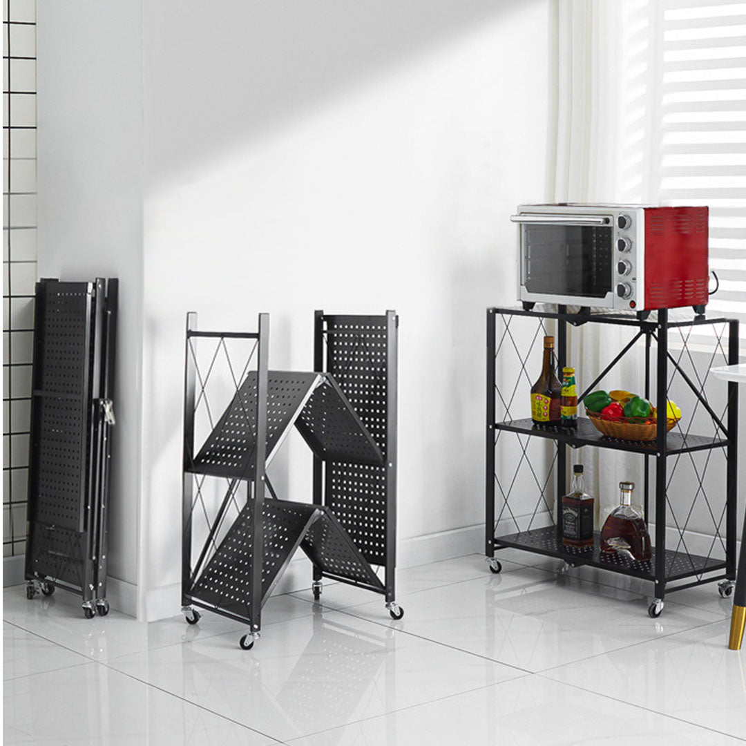 SOGA 2X 3 Tier Steel Black Foldable Kitchen Cart Multi-Functional Shelves Storage Organizer with Wheels