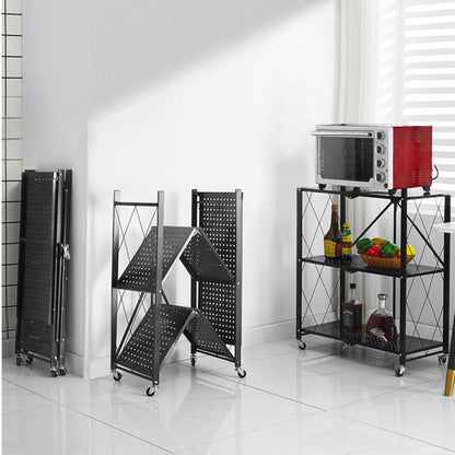 SOGA 2X 3 Tier Steel Black Foldable Kitchen Cart Multi-Functional Shelves Storage Organizer with Wheels