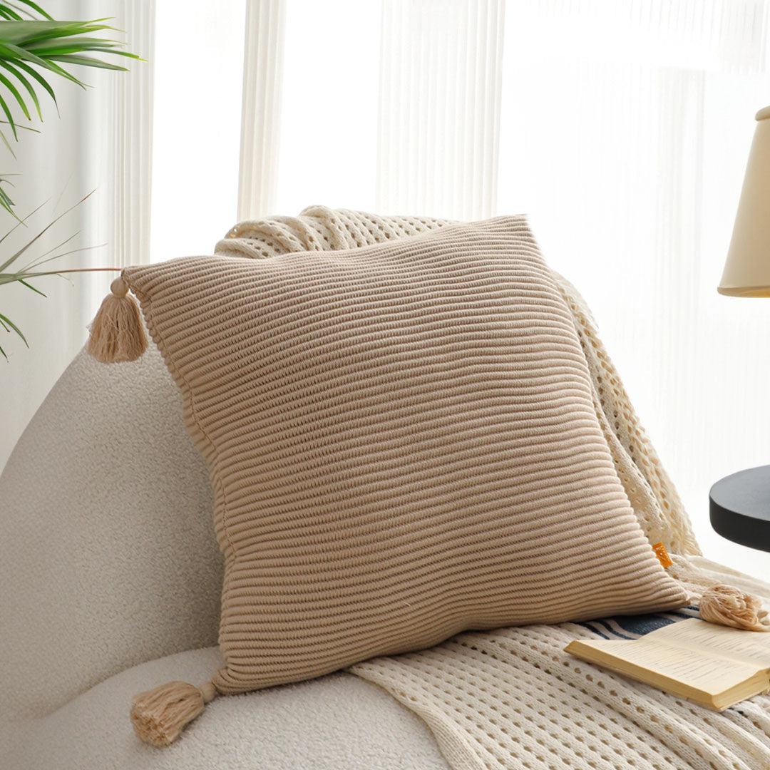 SOGA 2X 45cm Khaki Wabi-Sabi Raised Pillow Cotton Striped Large Tassel Square Throw Pillow