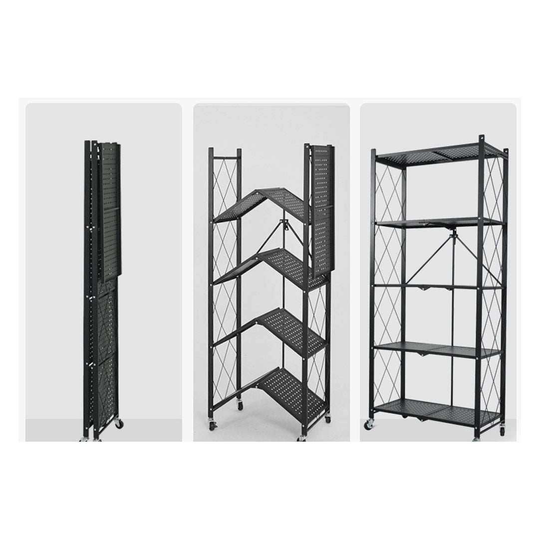 SOGA 2X 5 Tier Steel Black Foldable Kitchen Cart Multi-Functional Shelves Storage Organizer with Wheels
