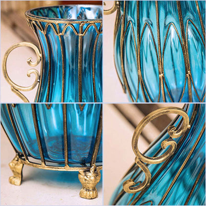 SOGA 51cm Blue Glass Oval Floor Vase with Metal Flower Stand