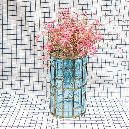 SOGA Blue Colored European Glass Cylinder Flower Vase with Gold Metal Pattern