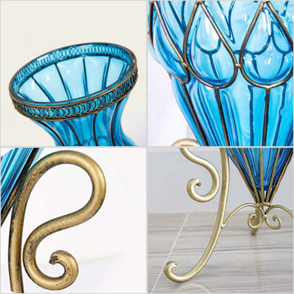SOGA 67cm Green Glass Tall Floor Vase with Metal Flower Stand
