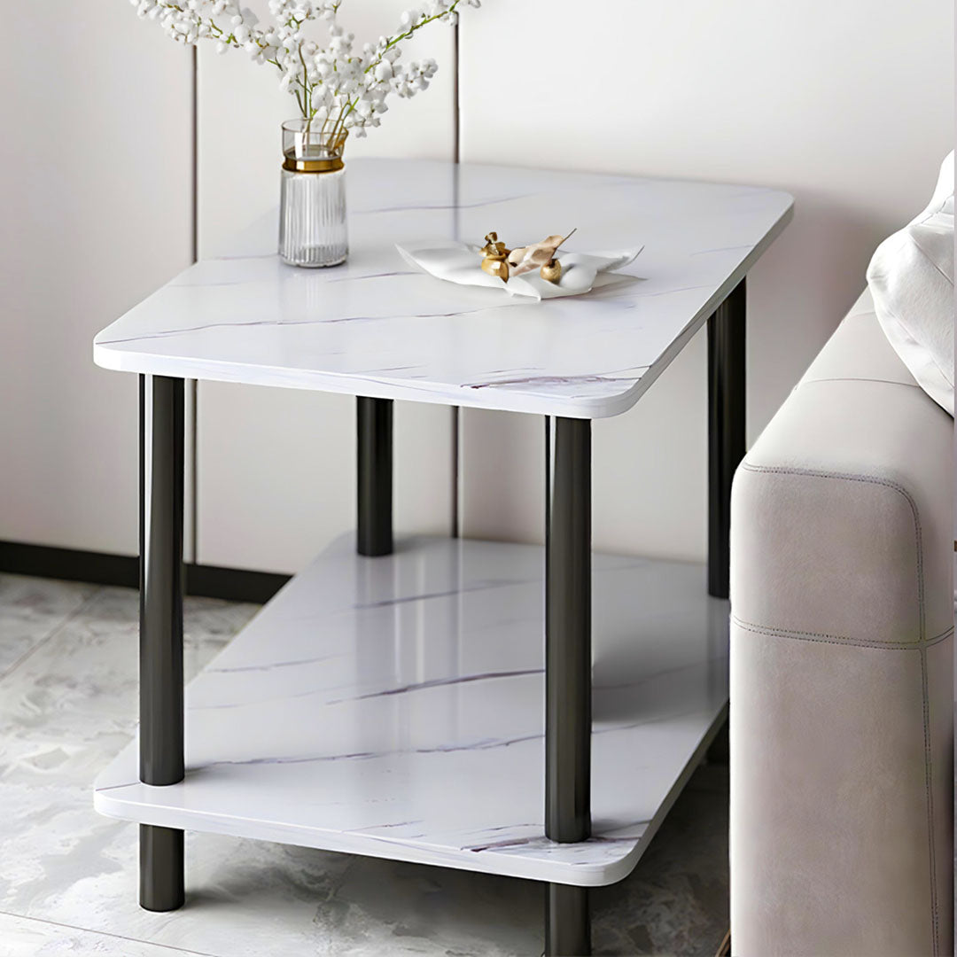 SOGA 2X 60cm White Ceramic Side Table Stone Pattern Modern Design with Metal Legs