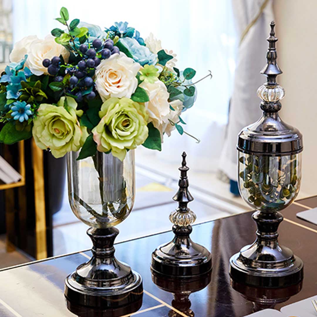 SOGA 2 x Clear Glass Flower Vase with Lid and Transparent Filler Vase Gold Set