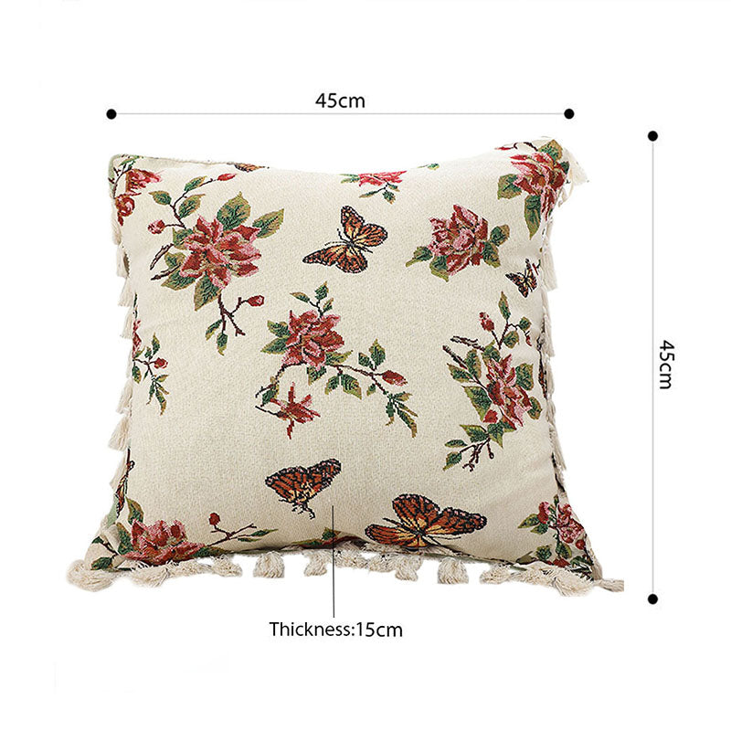 SOGA 2X 45cm Creamy White French Vintage Butterfly Loves Flowers Tassel Throw Pillow