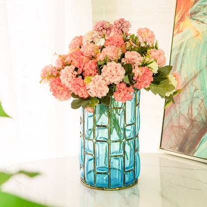 SOGA Blue Colored European Glass Cylinder Flower Vase with Gold Metal Pattern