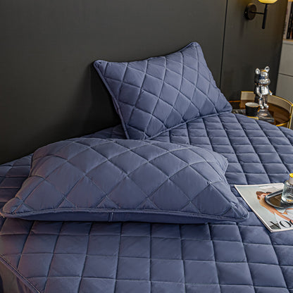 SOGA 2X Blue 183cm Wide Cross-Hatch Mattress Cover Thick Quilted Stretchable Bed Spread Sheet Protector with Pillow Covers