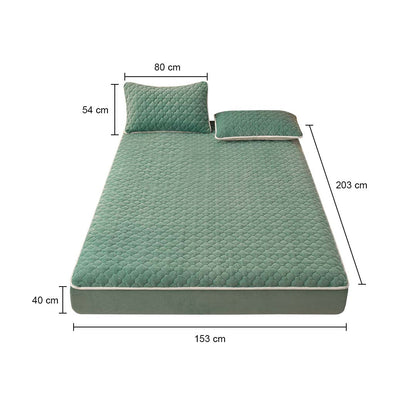 SOGA 2X Green 153cm Wide Mattress Cover Thick Quilted Fleece Stretchable Clover Design Bed Spread Sheet Protector with Pillow Covers