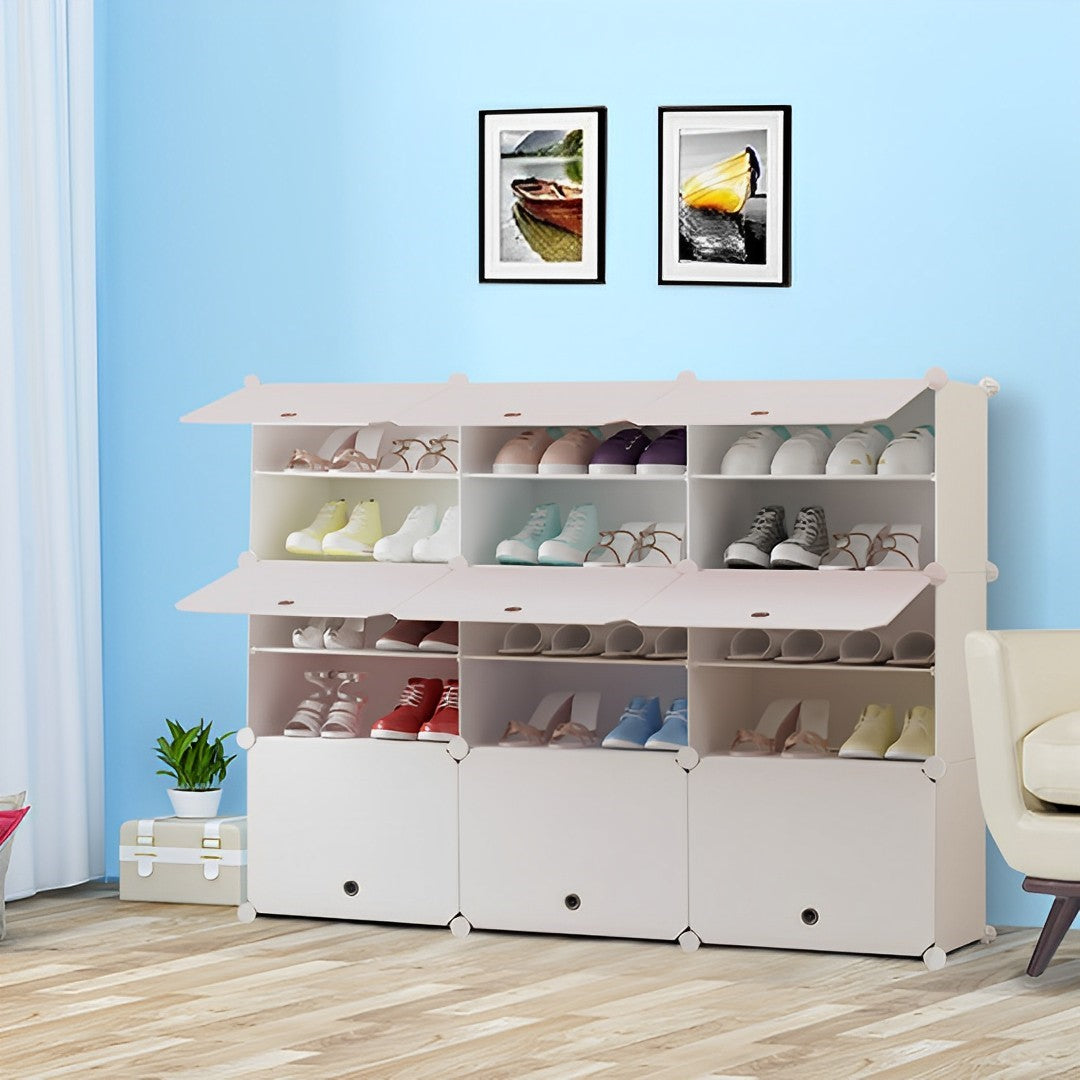 SOGA 5 Tier 3 Column White Shoe Rack Organizer Sneaker Footwear Storage Stackable Stand Cabinet Portable Wardrobe with Cover