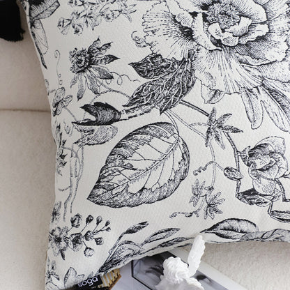SOGA 2X 50cm Throw Pillow  Black and White Elegant Floral Print with Tassel Accents Home Decor