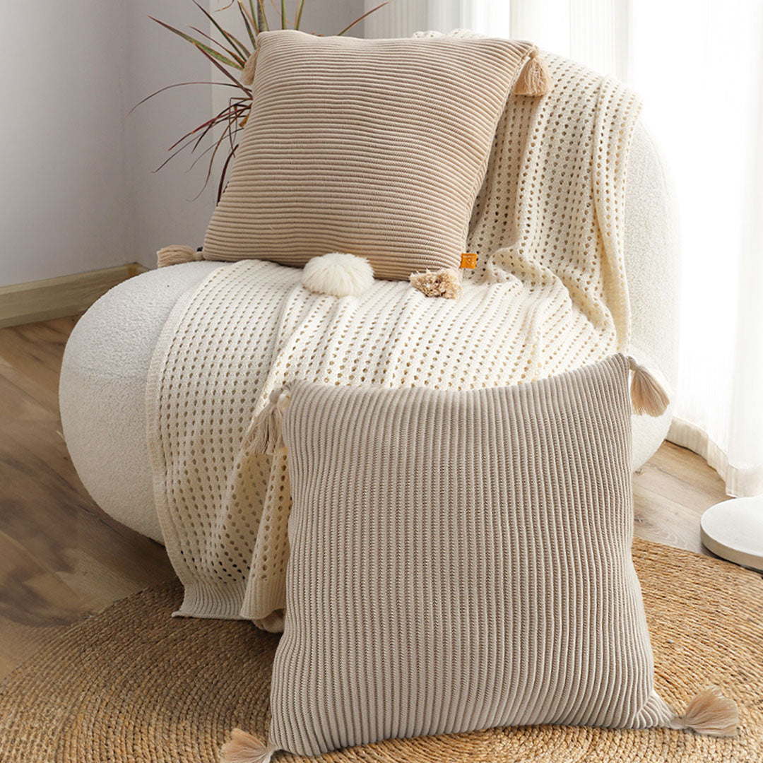 SOGA 2X 45cm Khaki Wabi-Sabi Raised Pillow Cotton Striped Large Tassel Square Throw Pillow