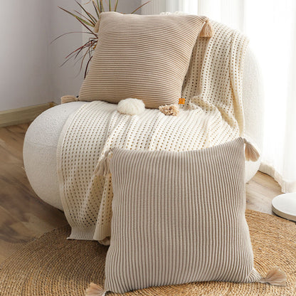 SOGA 2X 45cm Khaki Wabi-Sabi Raised Pillow Cotton Striped Large Tassel Square Throw Pillow