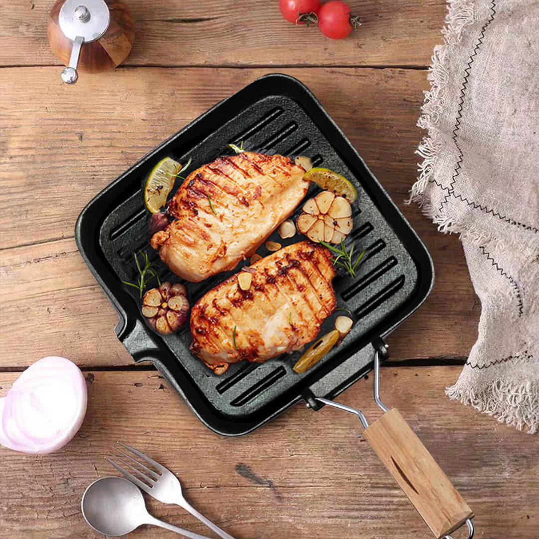 SOGA 28cm Ribbed Cast Iron Square Steak Frying Grill Skillet Pan with Folding Wooden Handle