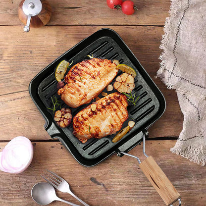SOGA 28cm Ribbed Cast Iron Square Steak Frying Grill Skillet Pan with Folding Wooden Handle