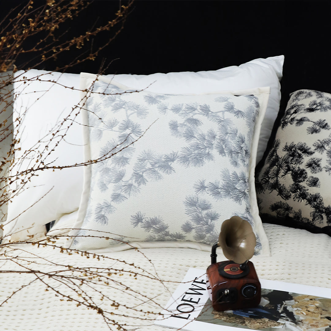 SOGA 2X 45cm Throw Pillow Cream White Wide Border with Branch and Pine Needle Design Pattern Home Decor