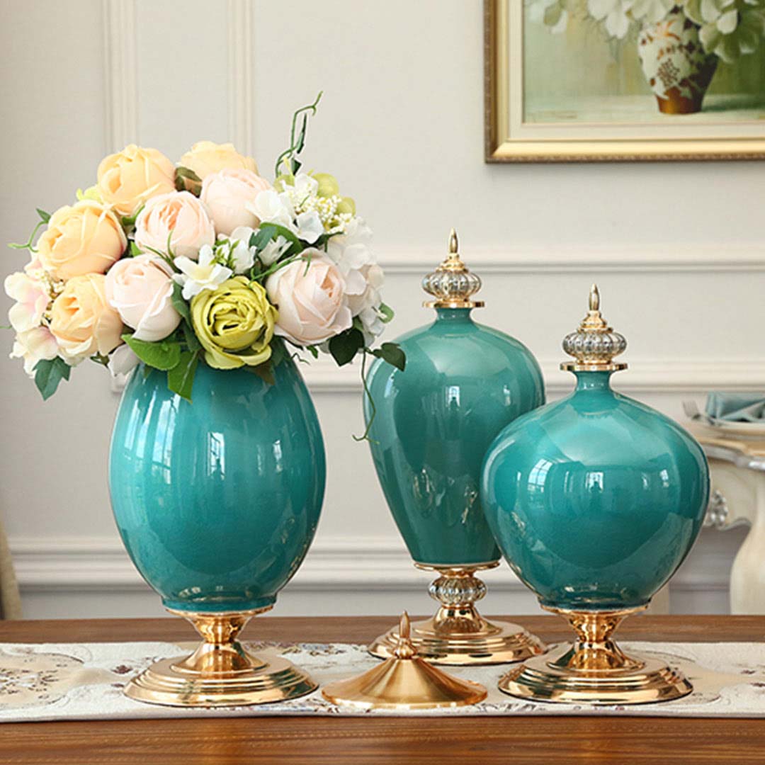 SOGA 2x 40cm Ceramic Oval Flower Vase with Gold Metal Base Yellow