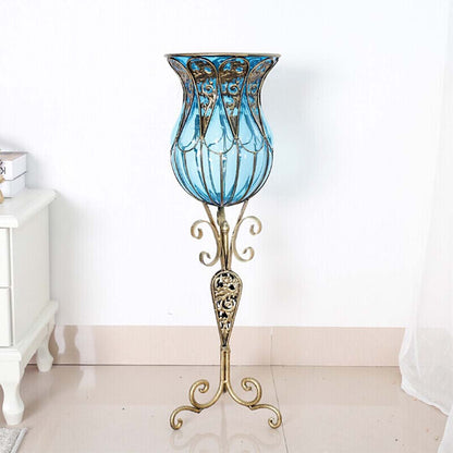 SOGA 85cm Blue Glass Floor Vase with Tall Metal Flower Stand