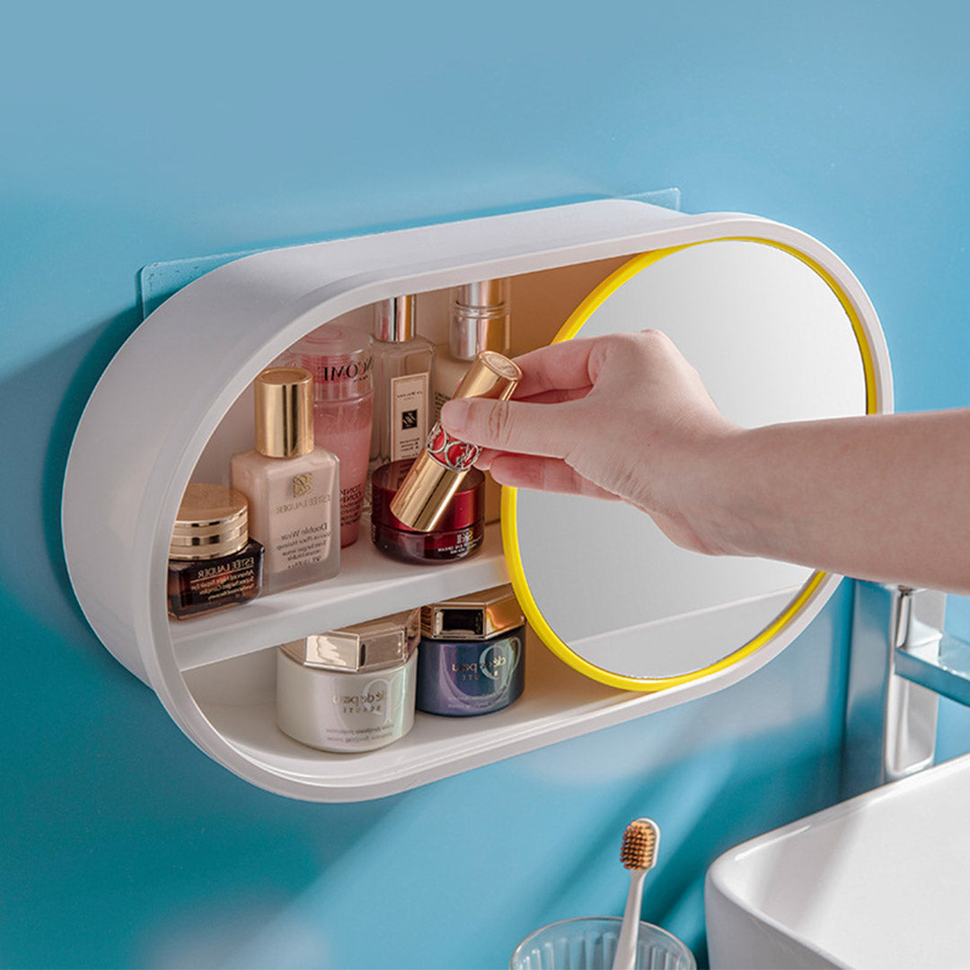 SOGA 2X 39cm Oval Wall-Mounted Mirror Storage Box Vanity Mirror Rack Bathroom Adhesive Shelf Home Organiser Deco