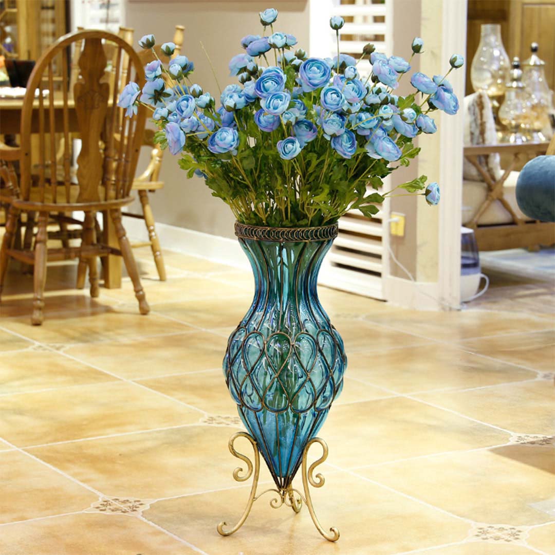 SOGA 67cm Blue Glass Tall Floor Vase with Metal Flower Stand