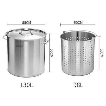 SOGA 130L 18/10 Stainless Steel Stockpot with Perforated Stock pot Basket Pasta Strainer