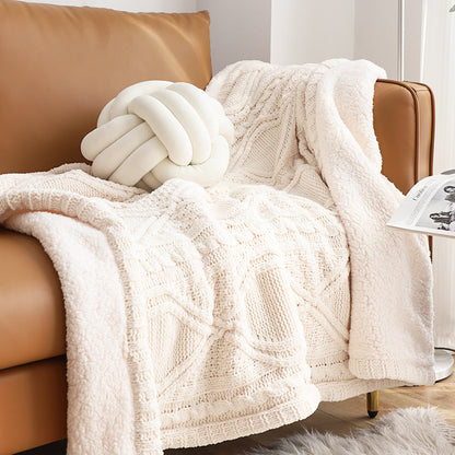 SOGA 200x230cm Throw Blanket White Chenille Fleece Knitted Fabric on One Side Soft Suede