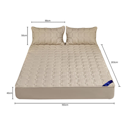 SOGA Beige 183cm Wide Mattress Cover Thick Quilted Stretchable Bed Spread Sheet Protector with Pillow Covers