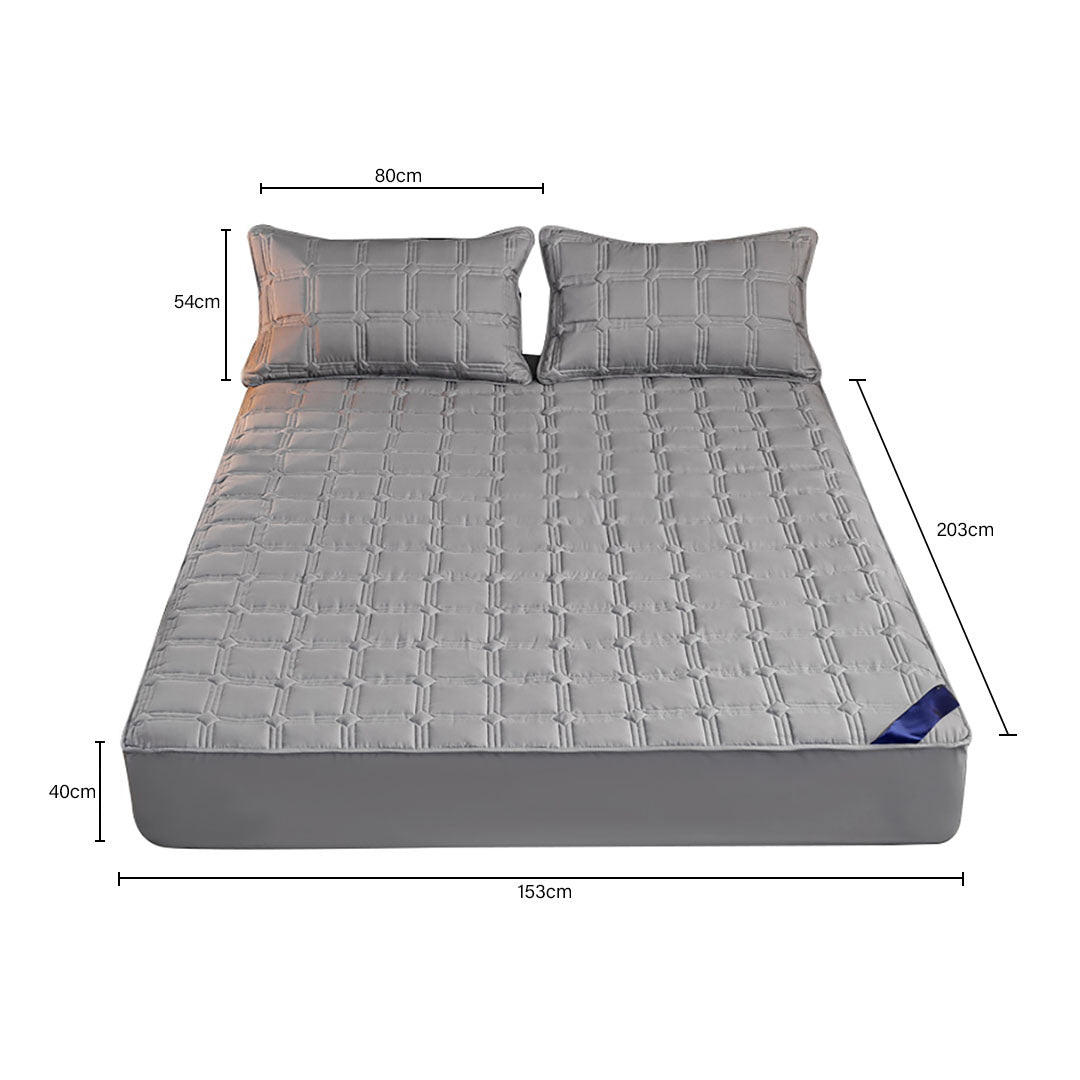 SOGA 2X Grey 153cm Wide Mattress Cover Thick Quilted Stretchable Bed Spread Sheet Protector with Pillow Covers