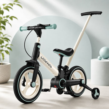 LittleVelo bike with parent push handle attached — stroller mode
