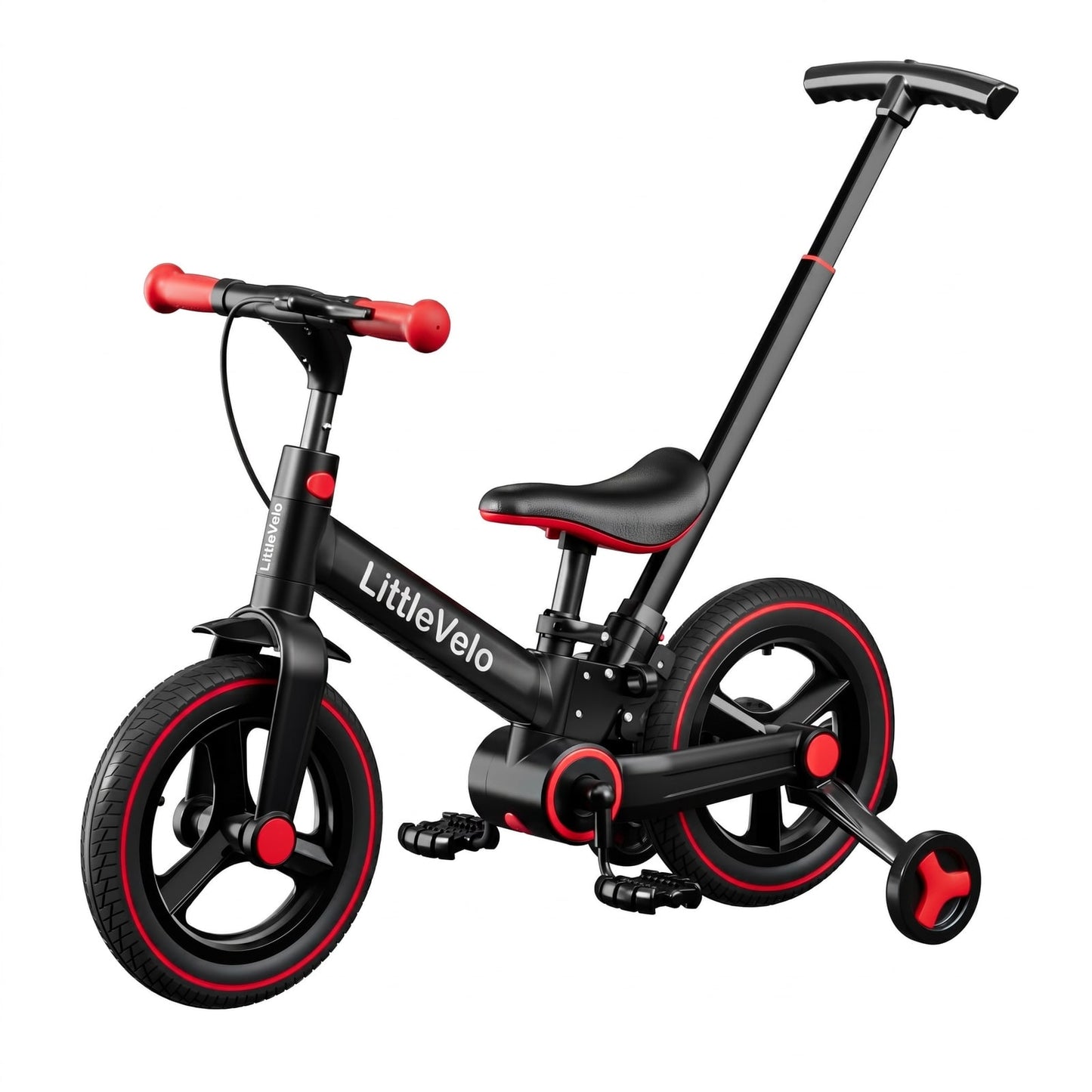 LittleVelo S-900 in red colourway — studio shot showing parent handle and training wheels