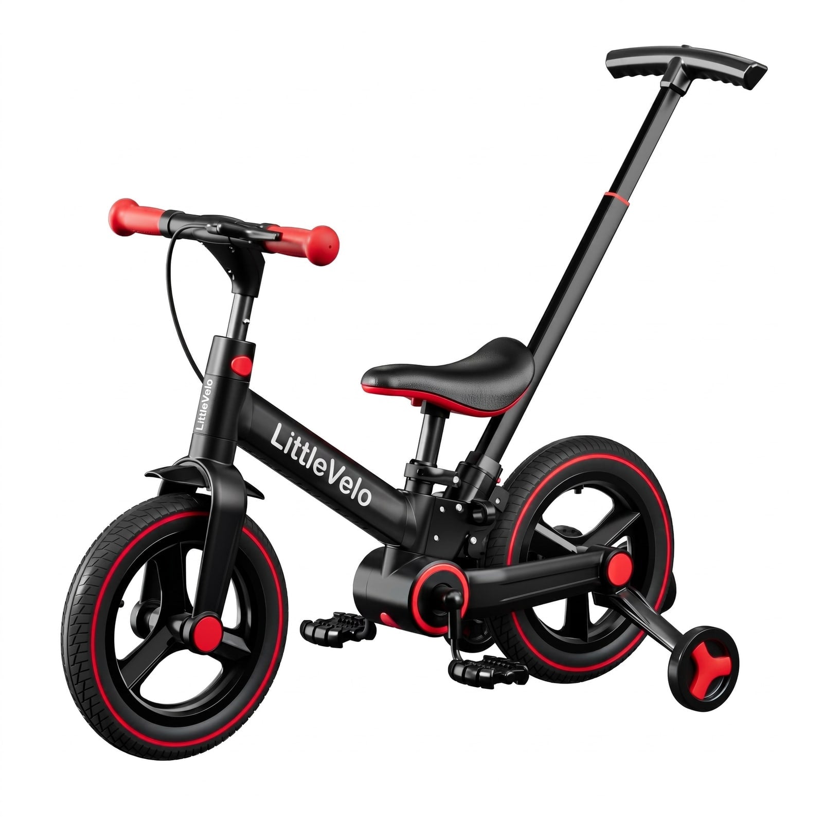 LittleVelo S-900 in red colourway — studio shot showing parent handle and training wheels