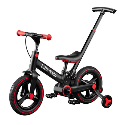 LittleVelo S-900 in red colourway — studio shot showing parent handle and training wheels